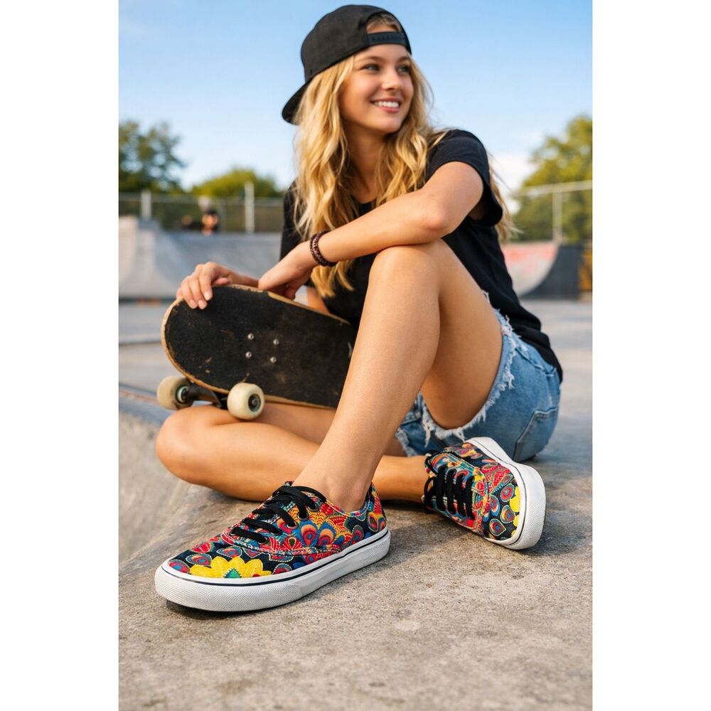 Vans Authentic Slim Peacock Print Red, Yellow, Blue Skate Casual Sneakers Women’